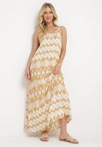Born2be - Beżowa Wiskozowa Sukienka na Regulowanych Ramiączkach o Geometrycznym Wzorze Vididia. Okazja: na co dzień, na plażę. Kolor: beżowy. Materiał: wiskoza. Długość rękawa: na ramiączkach. Wzór: geometria. Styl: klasyczny, casual, wakacyjny #1