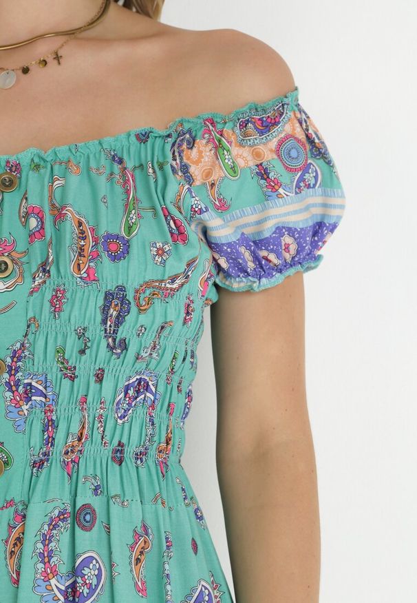 Born2be - Miętowa Rozkloszowana Sukienka Bawełniana Hiszpanka we Wzór Paisley Dottia. Typ kołnierza: dekolt hiszpanka. Kolor: miętowy. Materiał: bawełna. Wzór: paisley