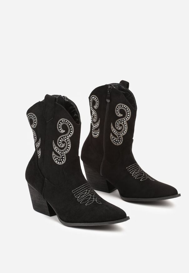 Born2be - Czarne Botki Kowbojki na Stożkowym Obcasie z Cyrkoniami Anselle. Okazja: na co dzień. Kolor: czarny. Materiał: skóra. Obcas: na obcasie. Styl: elegancki, casual. Wysokość obcasa: średni