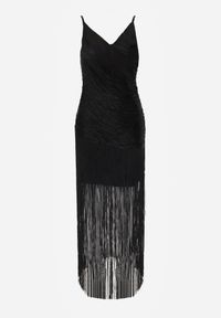 Renee - Czarna Sukienka Koktajlowa na Ramiączkach Zdobiona Frędzlami Wilinsia. Okazja: na wesele, na ślub cywilny, na imprezę. Kolor: czarny. Długość rękawa: na ramiączkach. Wzór: aplikacja. Styl: wizytowy #3