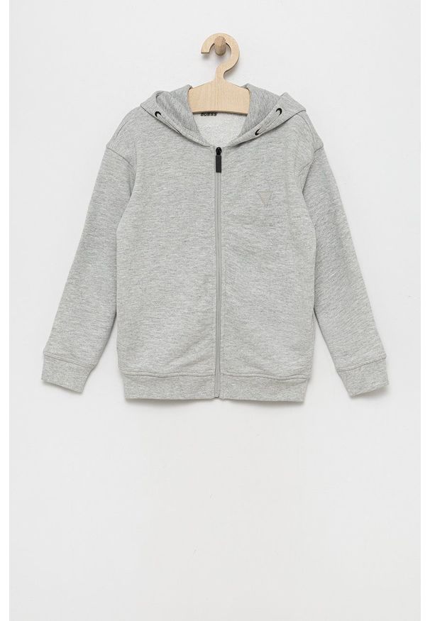 Guess bluza dziecięca kolor szary z kapturem gładka. Okazja: na co dzień. Typ kołnierza: kaptur. Kolor: szary. Materiał: bawełna. Wzór: gładki. Styl: casual
