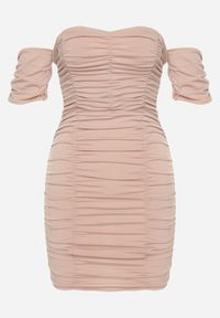 Born2be - Beżowa Marszczona Sukienka Hiszpanka o Dopasowanym Kroju Haletea. Typ kołnierza: dekolt hiszpanka. Kolor: beżowy. Typ sukienki: dopasowane #6