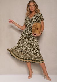 Renee - Zielono-Beżowa Sukienka z Bawełny Ozdobiona Ornamentnym Motywem Fillena. Kolor: zielony. Materiał: bawełna. Wzór: aplikacja #4