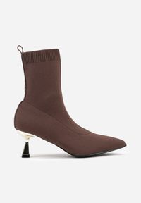 Born2be - Brązowe Botki Vices na Metalicznej Szpilce Kaczuszce ze Skarpetową Cholewką Vamige. Okazja: na co dzień. Kolor: brązowy. Materiał: jeans. Szerokość cholewki: normalna. Obcas: na szpilce. Styl: casual, klasyczny #7