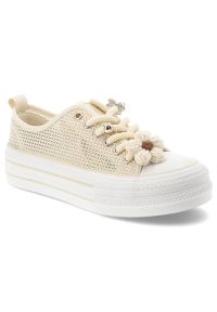 Sneakersy damskie Filippo, cholewka z materiału tekstylnego siateczkowego wiązanie z przodu ozdobne grube sznurówki, beżowy, DTN7855/26. Okazja: na co dzień. Zapięcie: sznurówki. Kolor: beżowy. Materiał: materiał. Szerokość cholewki: normalna. Wzór: kwiaty, ażurowy. Styl: klasyczny, casual #1