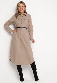 Born2be - Ciemnobeżowa Koszulowa Sukienka na Guziki z Paskiem i Imitacją Kieszeni Tintarra. Kolor: beżowy. Typ sukienki: koszulowe. Styl: elegancki, sportowy, klasyczny #6