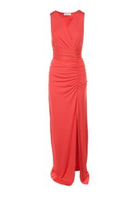 Born2be - Czerwona Sukienka z Kopertowym Dekoltem i Marszczeniem Zdobiona Rozcięciem Parthastos. Okazja: na wesele, na ślub cywilny, na studniówkę, na imprezę. Kolor: czerwony. Wzór: aplikacja. Typ sukienki: kopertowe. Styl: klasyczny, elegancki #3