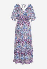 Born2be - Niebiesko-Fuksjowa Sukienka Maxi z Wiskozy w Stylu Boho z Wzorem Paisley i Gumką w Pasie Naroli. Okazja: na co dzień, na spacer. Typ kołnierza: dekolt w kształcie V. Kolor: niebieski. Materiał: wiskoza. Wzór: paisley. Sezon: lato. Styl: boho. Długość: maxi #6