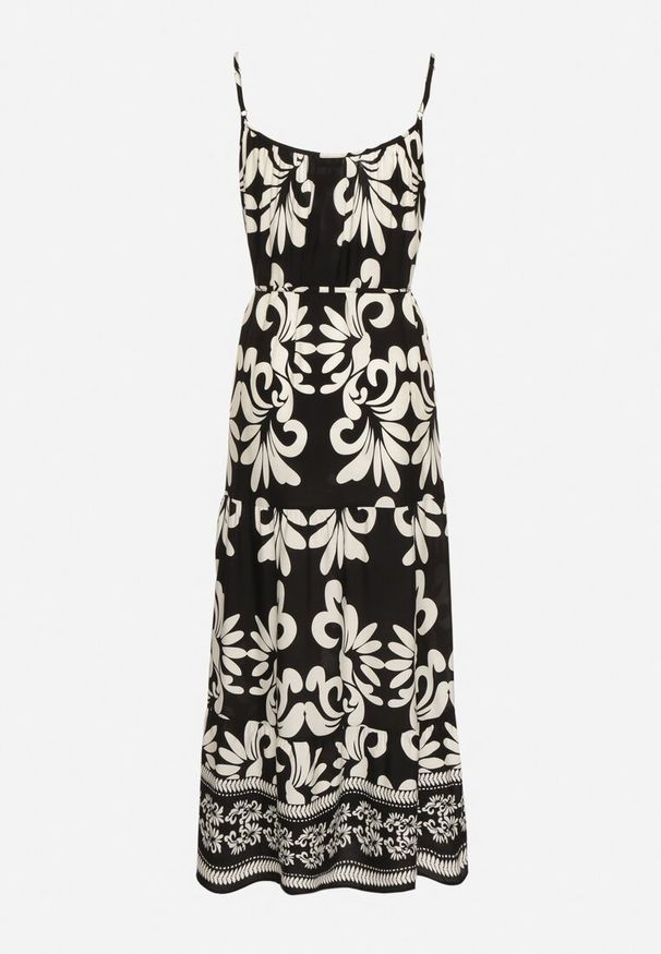 Born2be - Czarno-Biała Wiskozowa Sukienka na Ramiączkach z Wiązaniem i Broszką Marizena. Okazja: na co dzień, na spacer. Typ kołnierza: dekolt kwadratowy. Kolor: czarny. Materiał: wiskoza. Długość rękawa: na ramiączkach. Styl: elegancki, casual