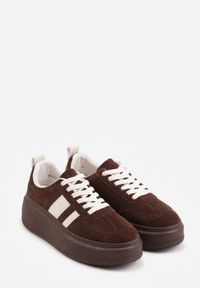 Born2be - Brązowe Sneakersy Kultowe Tenisówki na Platformie z Koturnem Elisara. Okazja: na spacer. Kolor: brązowy. Materiał: jeans. Obcas: na koturnie. Sport: turystyka piesza #8