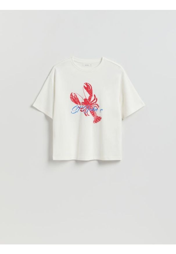 Reserved - T-shirt z nadrukiem - biały. Kolor: biały. Materiał: bawełna. Wzór: nadruk