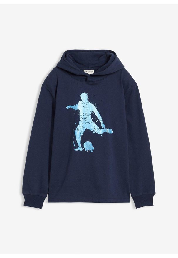 bonprix - Bluza z kapturem z miękkiej mieszanki bawełny. Typ kołnierza: kaptur. Kolor: niebieski. Materiał: bawełna. Wzór: nadruk