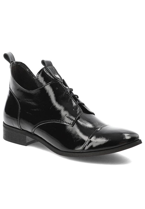 Czarne Botki Armodo Stylowe Skórzane Buty Na Obcasie. Okazja: na spacer. Kolor: czarny. Materiał: lakier, skóra. Szerokość cholewki: normalna. Obcas: na obcasie. Styl: elegancki. Wysokość obcasa: średni