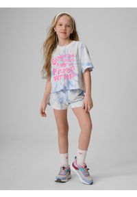 4f - 4F Spodenki dresowe dziewczęce - niebieskie 158 (12-13 lat). Kolor: niebieski. Materiał: dresówka. Wzór: nadruk. Sezon: lato #1