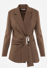 Born2be - Brązowa Taliowana Marynarka z Wiskozą z Marszczeniem i Aplikacją przy Wiązaniu Alyndra. Okazja: na spotkanie biznesowe, do pracy. Kolor: brązowy. Materiał: wiskoza. Wzór: aplikacja. Styl: biznesowy, elegancki, wizytowy #3