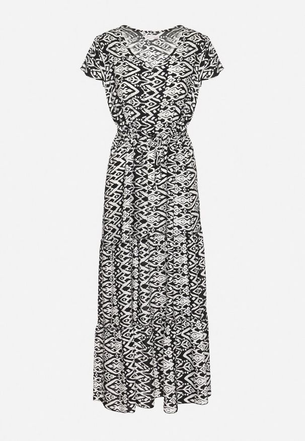 Born2be - Czarna Bawełniana Sukienka Ozdobiona Azteckim Wzorem ze Sznurkiem w Talii Orrialle. Kolor: czarny. Materiał: bawełna. Wzór: aplikacja