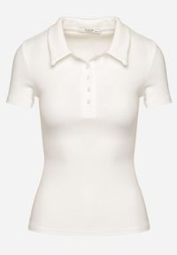 Born2be - Biały Bawełniany T-shirt Prążkowany Typu Polo z Guzikami Avelavia. Okazja: na co dzień. Typ kołnierza: polo. Kolor: biały. Materiał: prążkowany, bawełna. Styl: klasyczny, casual #6