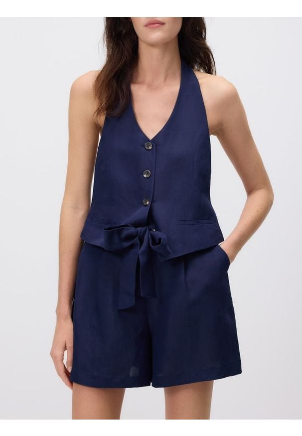 Reserved - Kamizelka z lnem - granatowy. Kolor: niebieski. Materiał: len. Długość: krótkie