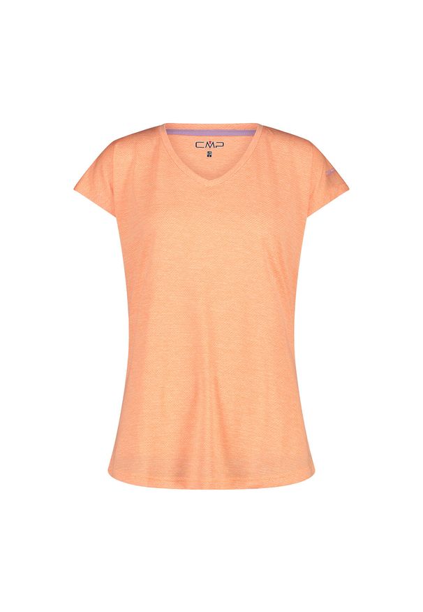 Damska koszulka v-neck CMP. Typ kołnierza: dekolt w serek. Kolor: wielokolorowy, pomarańczowy. Materiał: tkanina. Sport: turystyka piesza