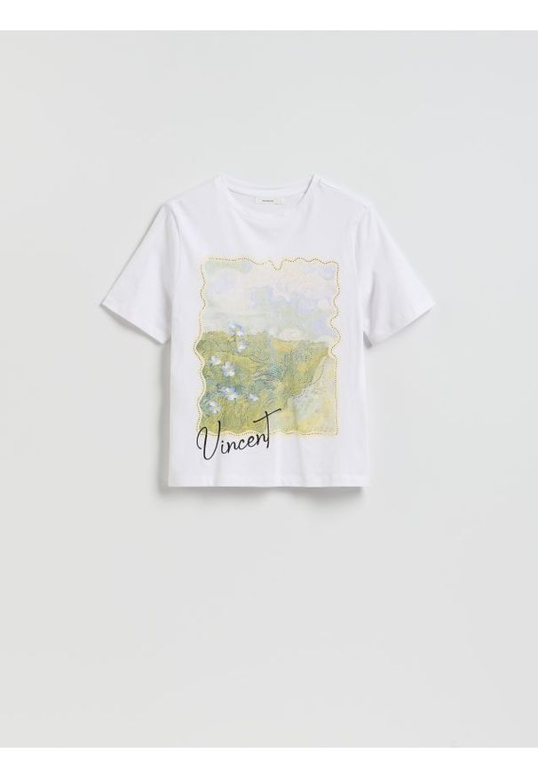 Reserved - T-shirt z nadrukiem - biały. Kolor: biały. Materiał: dzianina, bawełna. Wzór: nadruk