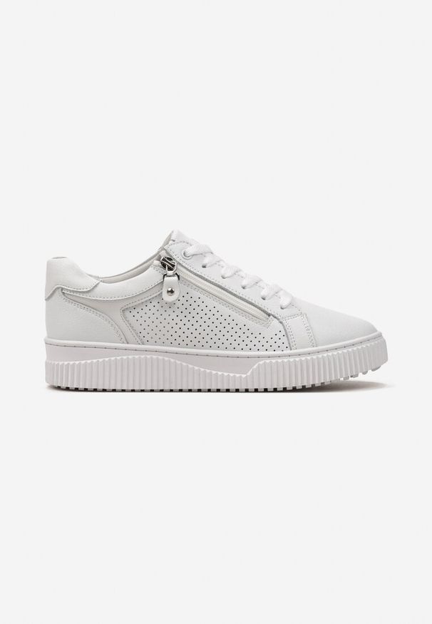 Renee - Białe Sznurowane Sneakersy z Naturalnej Skóry Ozdobione Suwakiem Ciarra. Okazja: na co dzień, na spotkanie biznesowe, do pracy. Nosek buta: okrągły. Zapięcie: sznurówki. Kolor: biały. Materiał: skóra. Wzór: aplikacja. Obcas: na obcasie. Wysokość obcasa: niski