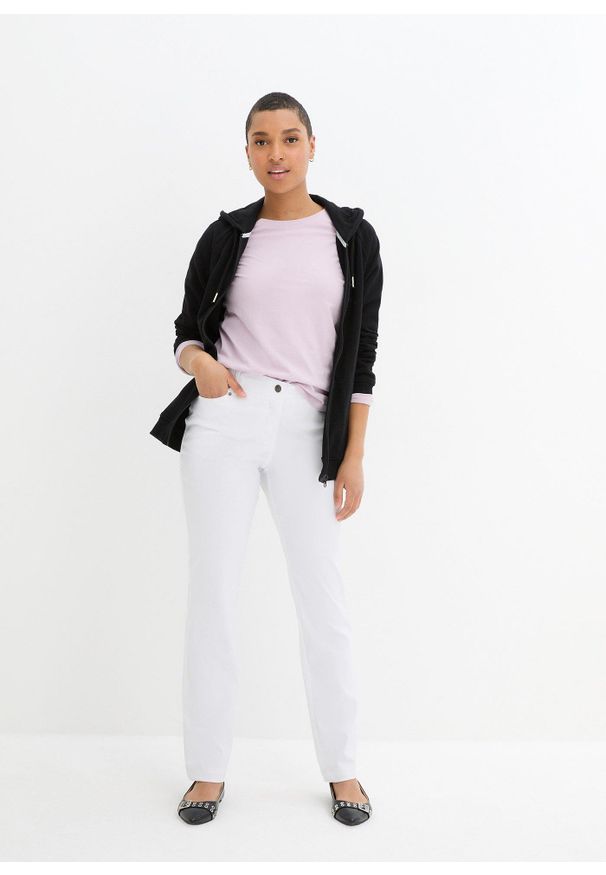bonprix - Spodnie z bengaliny ze stretchem, z wygodnym paskiem w talii, Straight. Kolor: biały