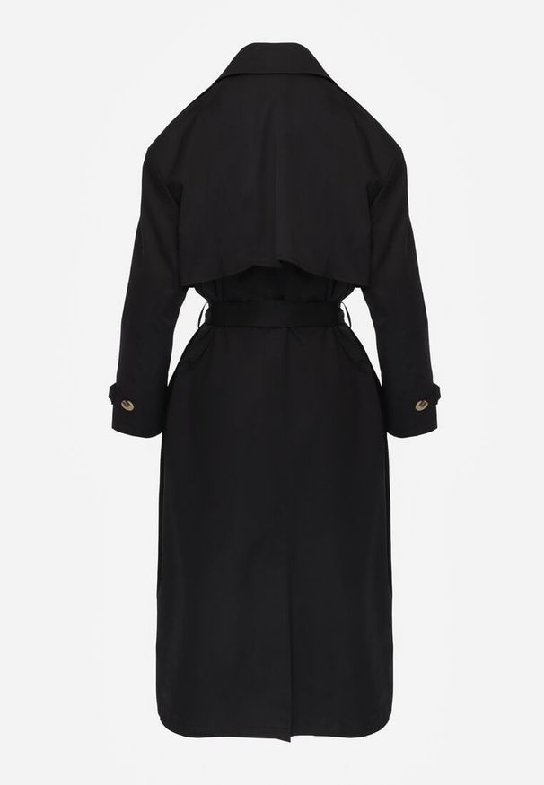 Renee - Czarny Płaszcz Trencz z Bawełny i Wiskozy z Wiązanym Paskiem i Klapą Lissien. Kolor: czarny. Materiał: wiskoza, bawełna