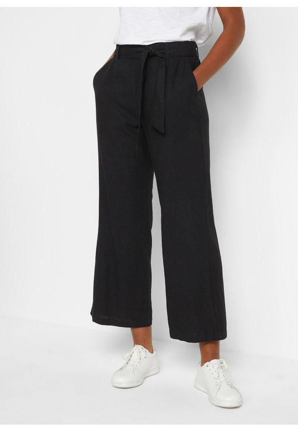 bonprix - Spodnie culotte z przewiewnej mieszanki lnu. Kolor: czarny. Materiał: len, materiał