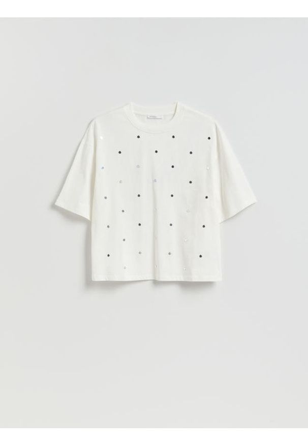 Reserved - Bawełniany t-shirt z aplikacją - biały. Kolor: biały. Materiał: bawełna. Wzór: aplikacja