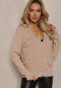 Renee - Beżowy Kardigan z Ozdobnymi Guzikami i Ściągaczami Zymira. Okazja: na co dzień. Kolor: beżowy. Styl: casual