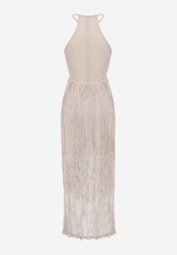 Renee - Beżowa Sukienka Wieczorowa na Ramiączkach z Ozdobnymi Frędzlami Glystarish. Kolor: beżowy. Długość rękawa: na ramiączkach. Styl: wizytowy. Długość: maxi #3