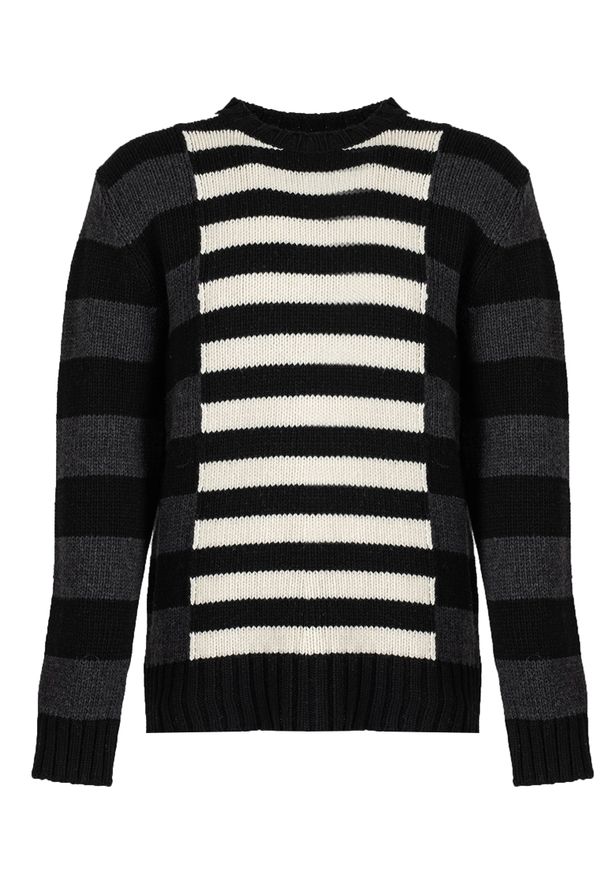 Les Hommes Sweter | LLK113-654U | Wool Stripes Round Neck Jumper | Mężczyzna | Czarny, Biały, Szary. Okazja: na co dzień. Kolor: czarny, szary, biały, wielokolorowy. Materiał: wełna, poliamid. Wzór: aplikacja. Styl: casual