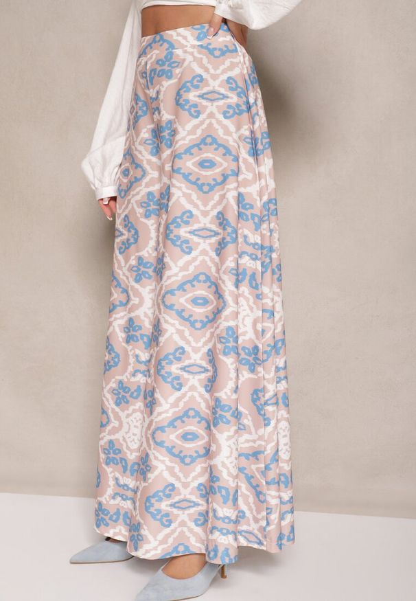 Renee - Białe Szerokie Spodnie z Wiskozy High Waist w Geometryczny Wzór Firdexia. Stan: podwyższony. Kolor: biały. Materiał: wiskoza. Wzór: geometria. Sezon: lato. Styl: elegancki