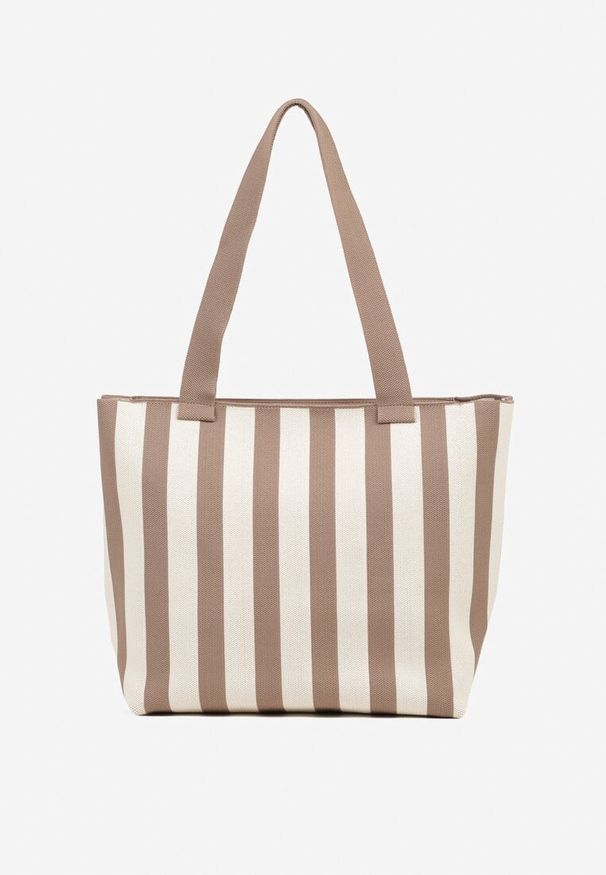 Born2be - Beżowa Torebka w Paski Shopper na Suwak Salisea. Kolor: beżowy. Wzór: paski. Styl: klasyczny, elegancki, casual
