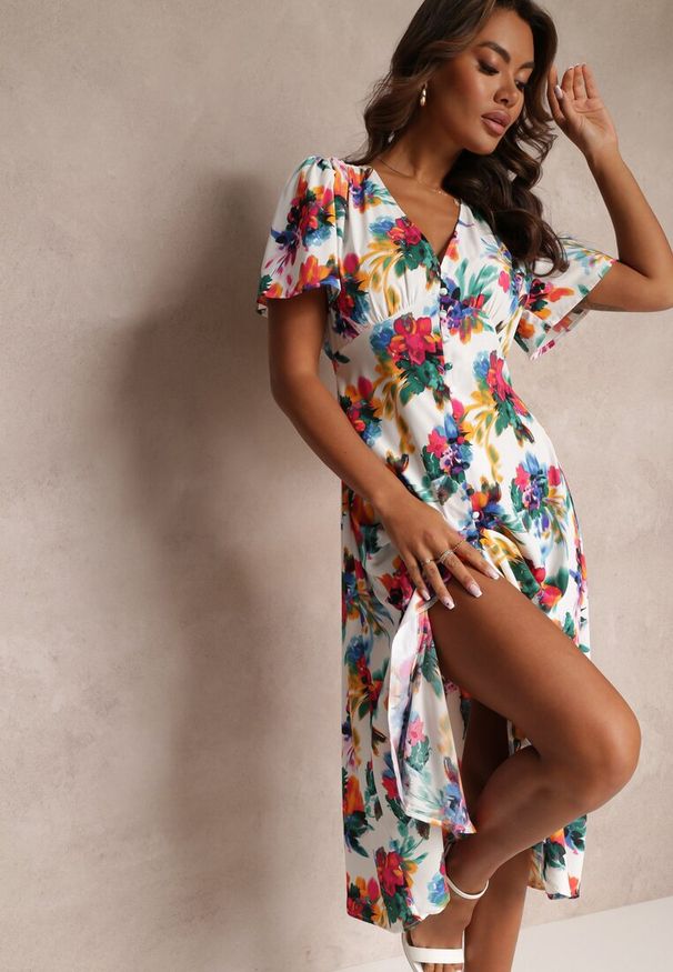 Renee - Biała Rozkloszowana Sukienka Midi z Krótkim Rękawem i Gumką w Talii Gelameda. Kolor: biały. Materiał: materiał. Długość rękawa: krótki rękaw. Styl: wakacyjny. Długość: midi