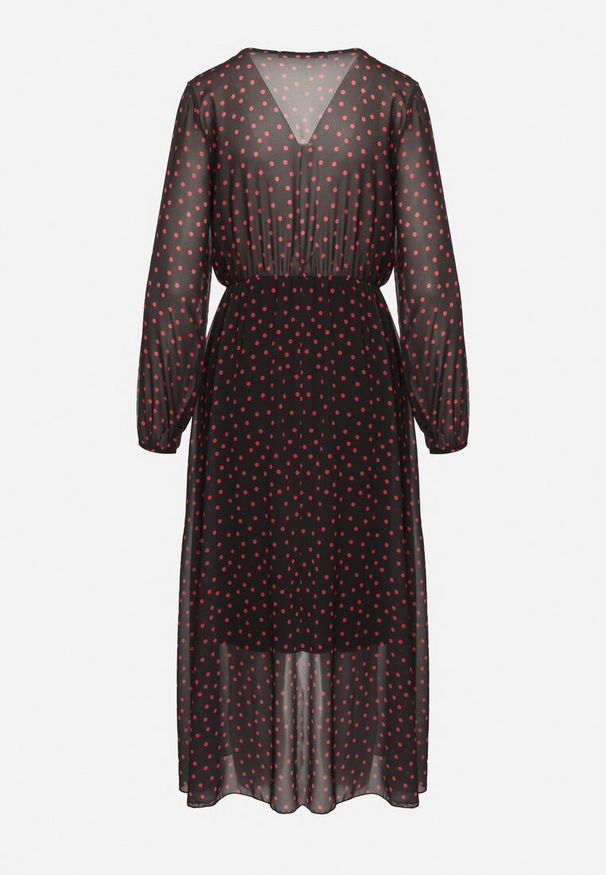 Born2be - Czarno-Czerwona Kopertowa Sukienka w Kropki z Gumką w Talii i Asymetrycznym Dołem Neladi. Okazja: na co dzień, na spotkanie biznesowe. Typ kołnierza: dekolt w kształcie V. Kolor: czarny. Wzór: kropki. Typ sukienki: asymetryczne, kopertowe. Styl: biznesowy, klasyczny, casual, elegancki