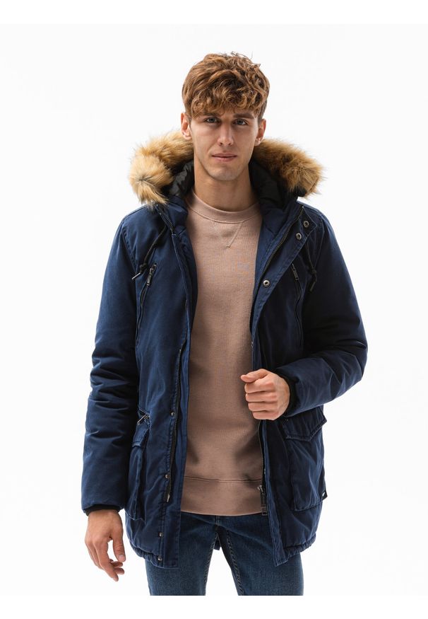 Ombre Clothing - Kurtka męska zimowa C512 - ciemnoniebieska - XXL. Kolor: niebieski. Materiał: bawełna. Sezon: zima