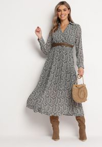 Born2be - Biało-Czarna Sukienka Rozkloszowana w Kwiaty z Paskiem Khito. Okazja: na co dzień. Typ kołnierza: dekolt w serek. Kolor: czarny. Długość rękawa: długi rękaw. Wzór: kwiaty. Styl: casual, elegancki, klasyczny #2