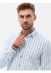 Ombre Clothing - Bawełniana koszula męska w kratę REGULAR FIT - biało-niebieska V2 K637 - L. Kolor: biały. Materiał: bawełna. Wzór: nadruk #4
