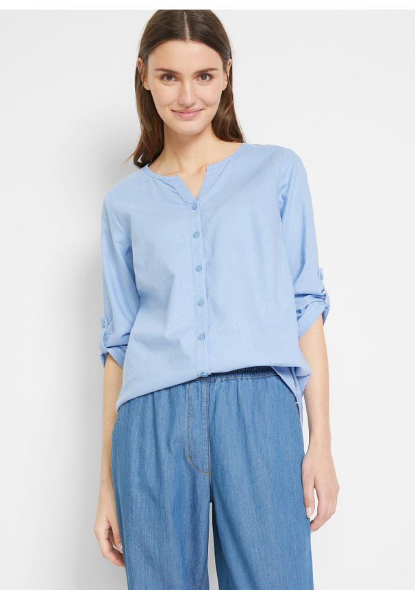 bonprix - Bluzka z domieszką lnu i rękawami 3/4. Kolor: niebieski. Materiał: len