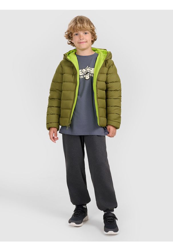 4f - 4F Kurtka puchowa dwustronna z wypełnieniem syntetycznym chłopięca - oliwkowa/khaki 164 (13-14 lat). Okazja: na spacer, na co dzień, na uczelnię. Kolor: oliwkowy, brązowy, wielokolorowy. Materiał: puch, syntetyk. Sezon: lato. Styl: casual, klasyczny