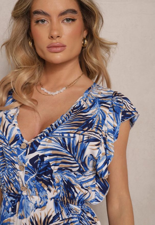 Renee - Niebieska Sukienka o Rozkloszowanym Fasonie z Bawełny w Liście Lanadena. Okazja: na co dzień. Kolor: niebieski. Materiał: bawełna. Długość rękawa: krótki rękaw. Sezon: lato. Typ sukienki: rozkloszowane. Styl: casual