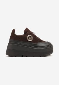 Born2be - Czarno-Brązowe Sneakersy Vices na Platformie Zdobione Okrągłą Aplikacją Wodvire. Okazja: na co dzień, na spacer. Nosek buta: okrągły. Kolor: czarny. Materiał: jeans. Szerokość cholewki: normalna. Wzór: aplikacja. Obcas: na platformie. Sport: turystyka piesza #6