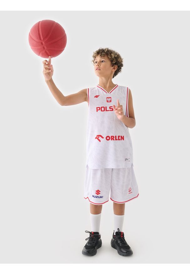 4f - 4F Koszulka reprezentacyjna dziecięca 4F x PZKOSZ 2024 - biała 158/164 (12-14 lat). Kolor: wielokolorowy. Materiał: dzianina, włókno, materiał, syntetyk. Długość rękawa: na ramiączkach. Wzór: gładki, nadruk, ze splotem. Sezon: lato. Sport: koszykówka, fitness