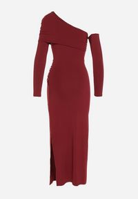 Born2be - Bordowa Sukienka z Wiskozą Wywiniętym Dekoltem Marszczeniem i Metaliczną Ozdobą Reillea. Okazja: na co dzień. Kolor: czerwony. Materiał: wiskoza. Wzór: aplikacja. Styl: klasyczny, casual, elegancki #5