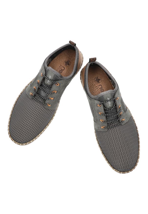 Szare Półbuty Rieker Eleganckie Obuwie Męskie. Okazja: na co dzień. Zapięcie: sznurówki. Kolor: szary. Materiał: jeans, skóra, guma. Sezon: lato. Styl: elegancki