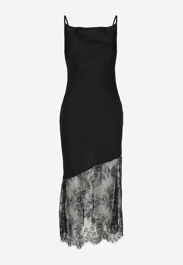 Renee - Czarna Satynowa Sukienka o Asymetrycznym Kroju z Koronkowym Dołem Mellea. Kolor: czarny. Materiał: satyna, koronka. Długość rękawa: na ramiączkach. Wzór: koronka. Typ sukienki: asymetryczne. Styl: elegancki