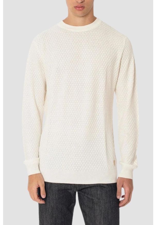 Guess - GUESS Beżowy sweter męski Davin Cn Ls, Rozmiar XL. Kolor: beżowy. Materiał: bawełna. Długość rękawa: długi rękaw. Długość: długie. Wzór: bez wzorów. Styl: klasyczny, elegancki