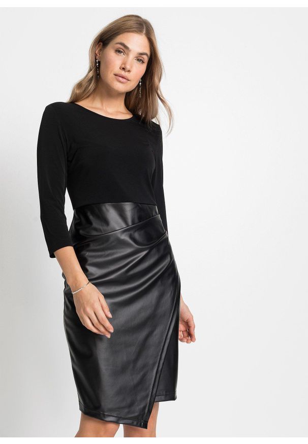 bonprix - Sukienka z imitacji skóry z górą z dżerseju. Kolor: czarny. Materiał: jersey, skóra. Styl: elegancki