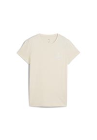 Puma - Damska koszulka ESS SCRIPT PUMA. Kolor: beżowy, biały, wielokolorowy. Wzór: haft. Sport: bieganie #1